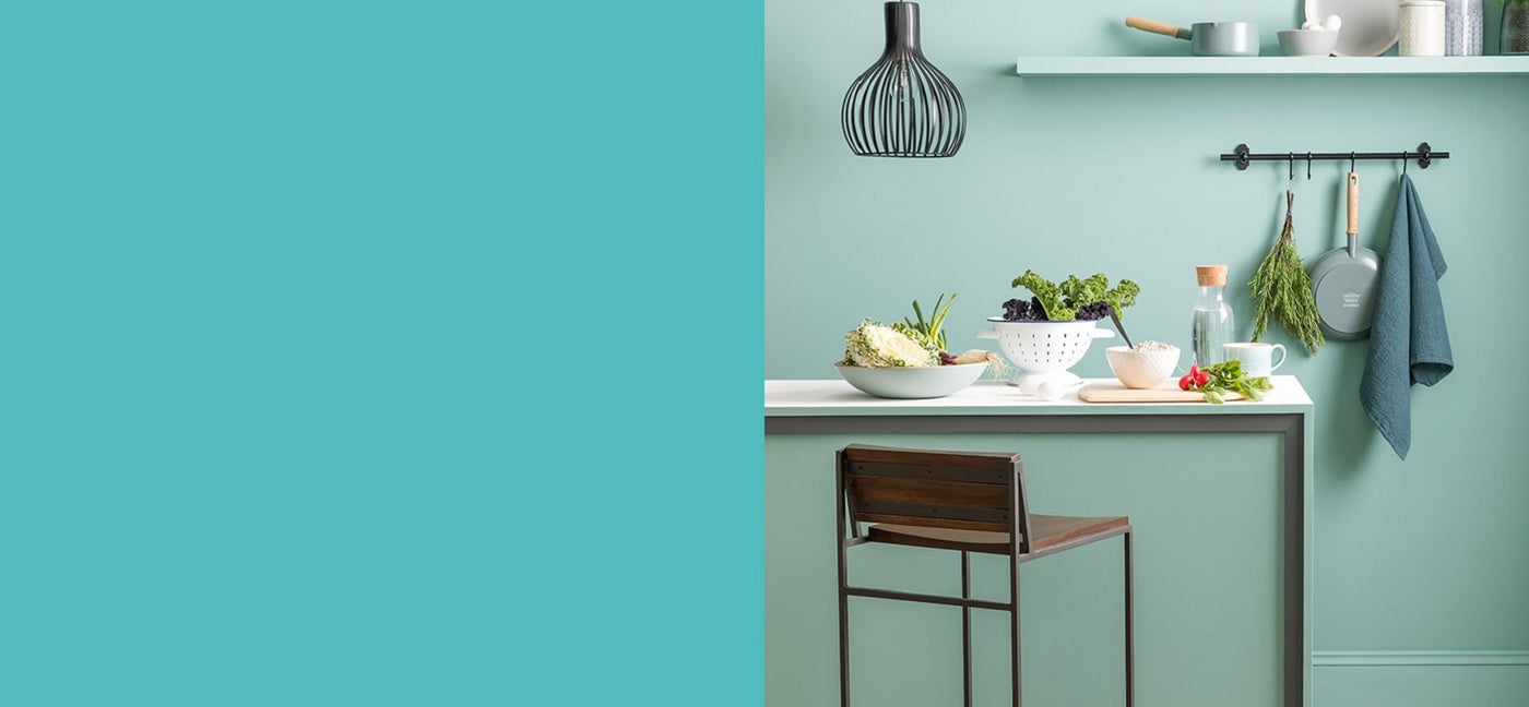 Left blue background with kitchen on the right