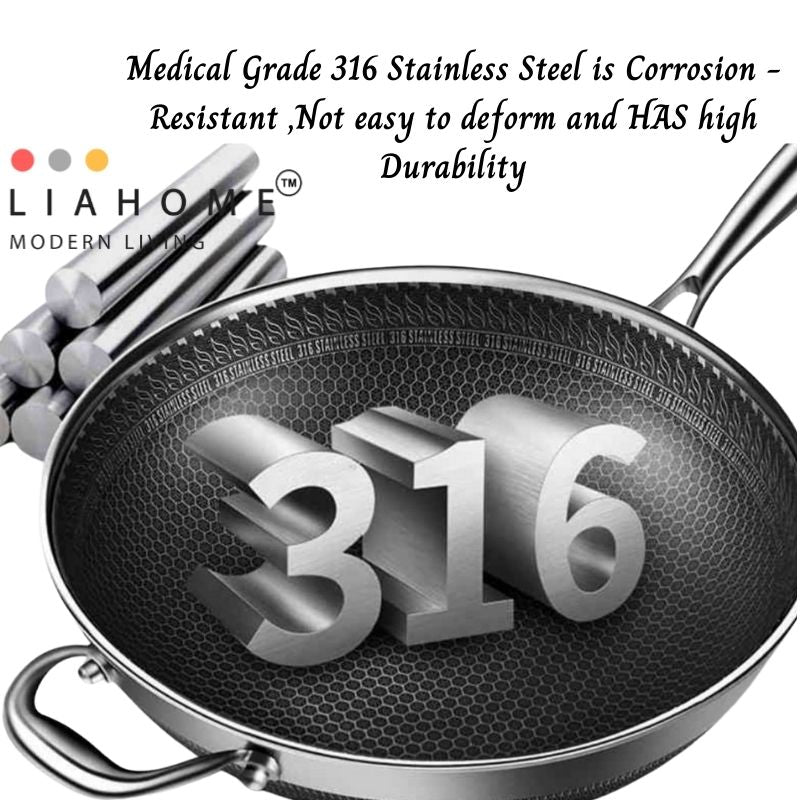 LIAHOME Nonstick honeycomb 316 Stainless Steel cooking wok By LIAHOME- 34cm  LIAHOME